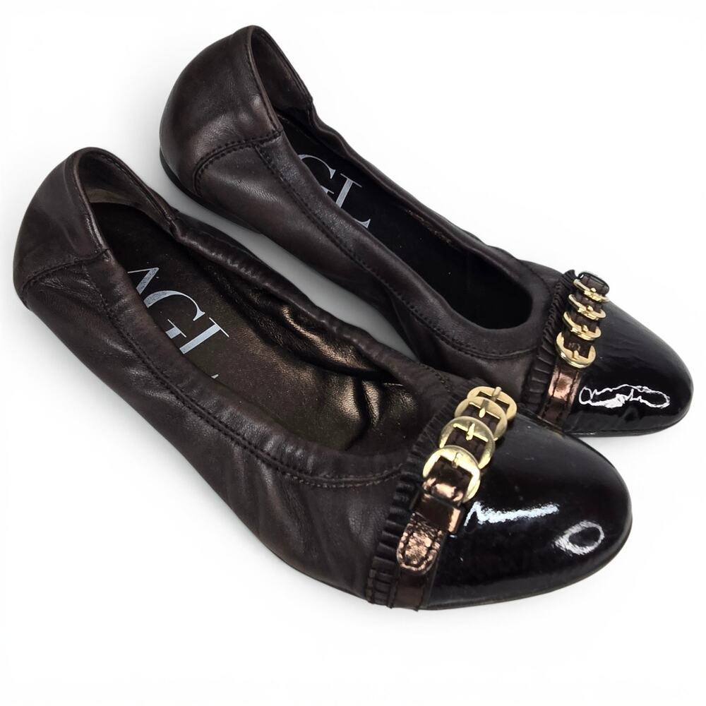 AGL Attilio Giusti Leombruni Ballet Flats Cap Toe Leather Gold Buckle 37.5 7.5